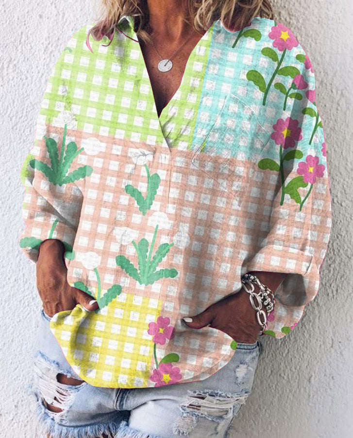 Retro Casual Floral Art V-neck Top