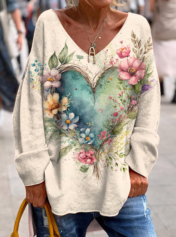 Retro Valentine's Day Floral Heart Print V-neck Top
