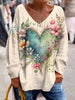 Retro Valentine's Day Floral Heart Print V-neck Top