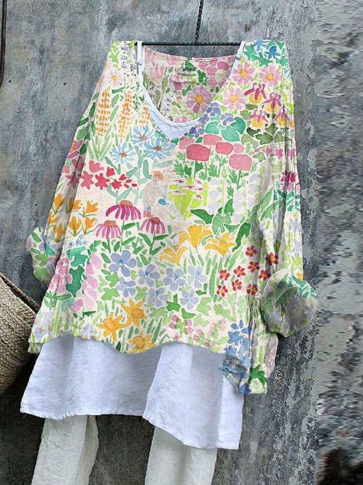 Women's Retro Floral Print Loose Long Sleeve Top