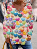 Valentine's Day Colorful Heart Print V-Neck Long Sleeve Top