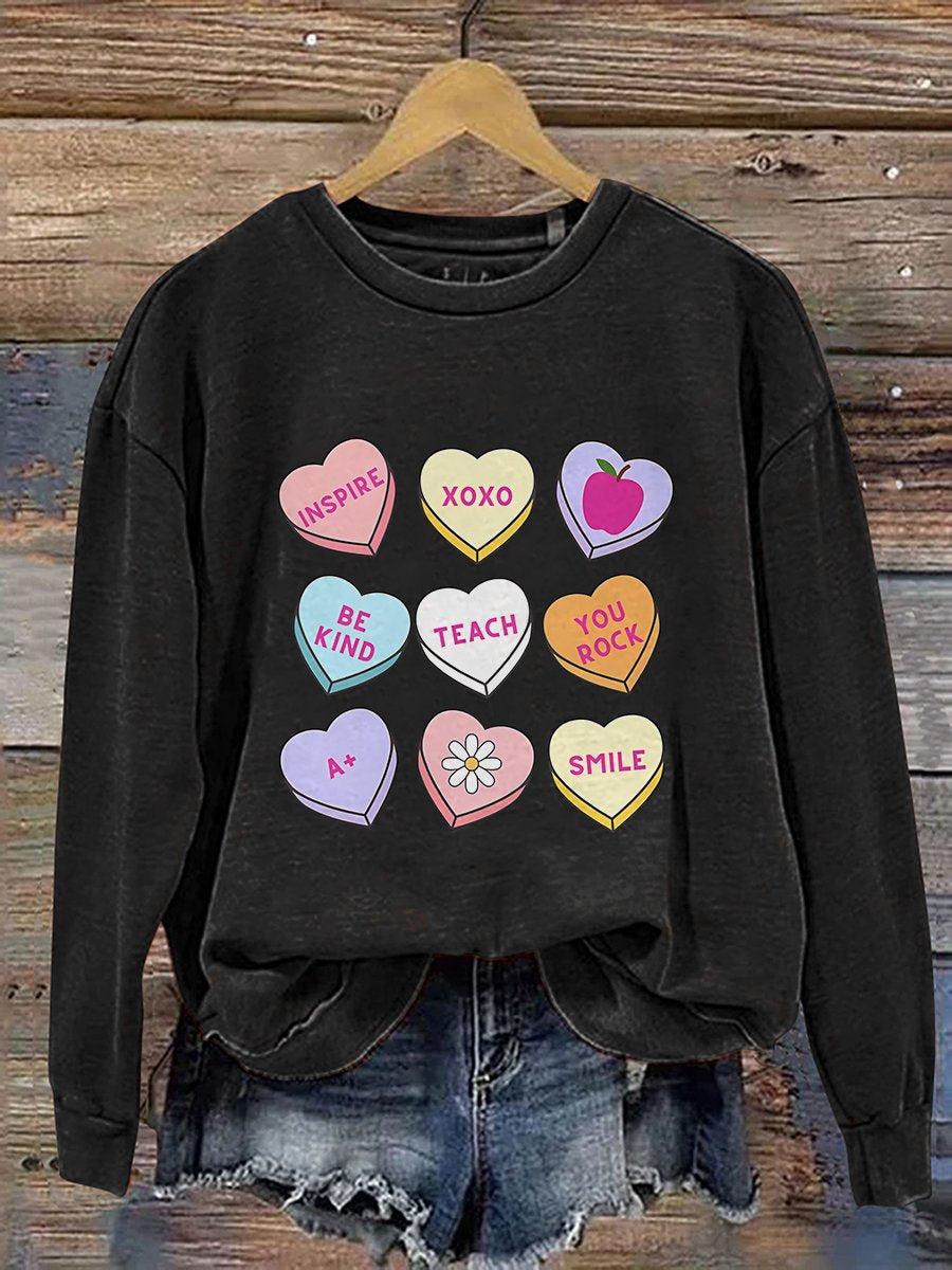 Teacher Conversation Hearts Valentine's Day Print Casual Sweatshirt