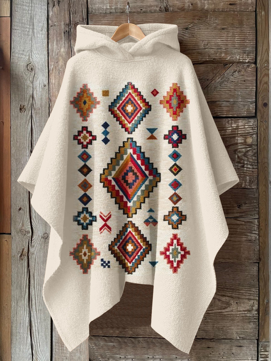 Retro Ethnic Art Print Hooded Warm Shawl