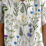 Mixed Floral In Spring Field Pattern Printed Women's Casual Cotton And Linen Shirt