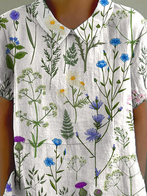 Mixed Floral In Spring Field Pattern Printed Women's Casual Cotton And Linen Shirt