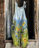 Women Lace Up Strap Rape Flower Field Print Linen Jumpsuits