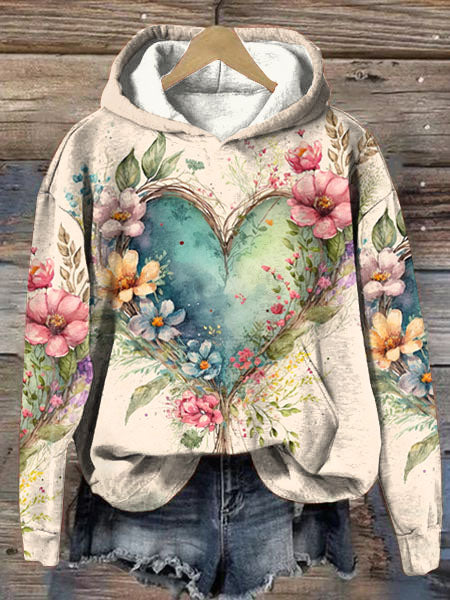 Retro Valentine's Day Heart Flower Hooded Sweatshirt