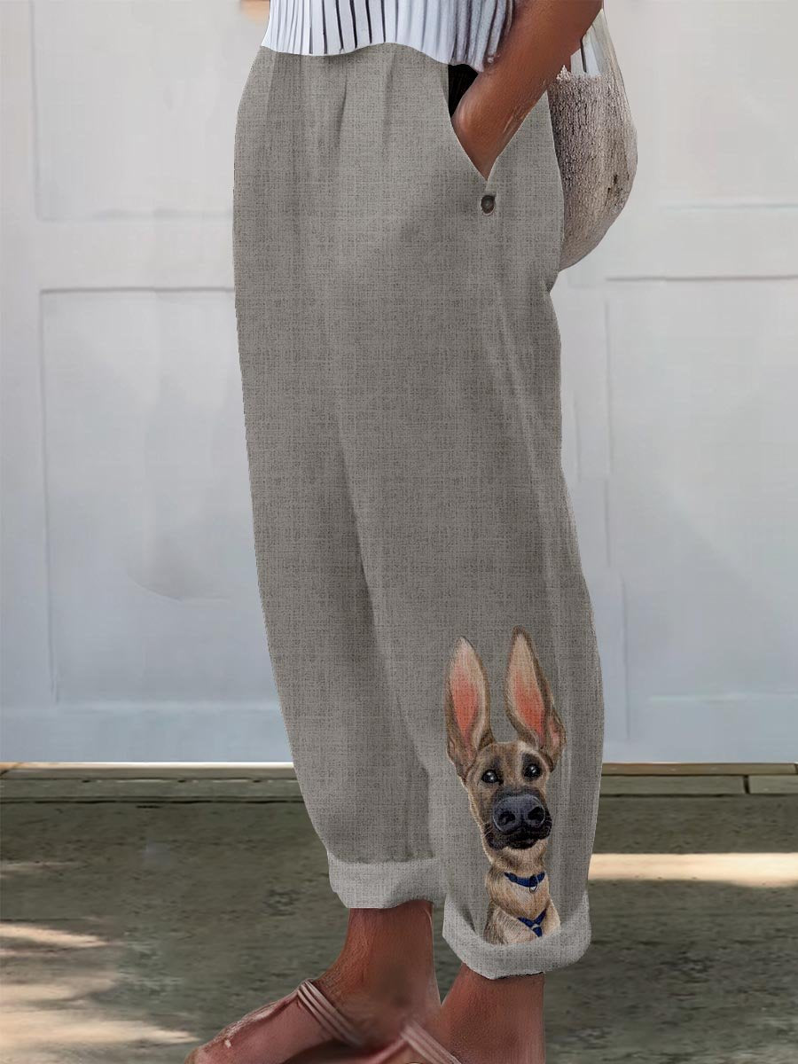 Women's Dog Art Pattern Printed Cotton And Linen Casual Pants