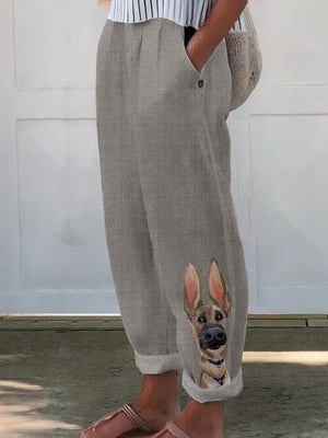 Women's Dog Art Pattern Printed Cotton And Linen Casual Pants