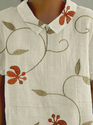 Women's Flower And Leaf Art Pattern Print Casual Cotton And Linen Shirt