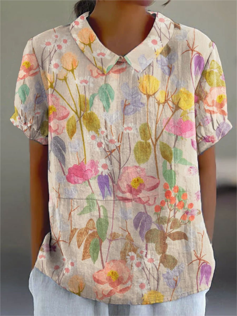 Women's Vintage Flower Print Casual Cotton And Linen Shirt