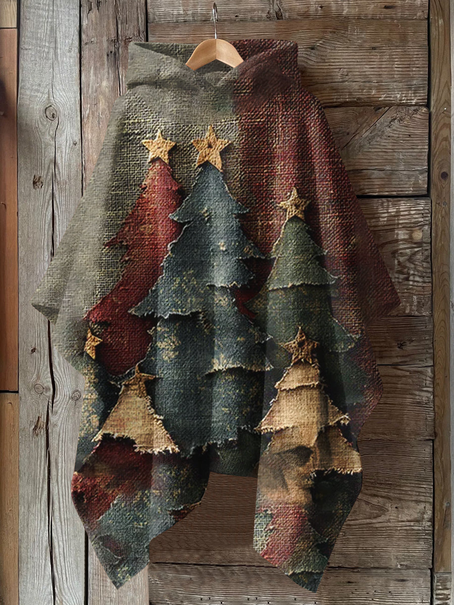 Vintage Christmas Tree Art Print Hooded Warm Shawl