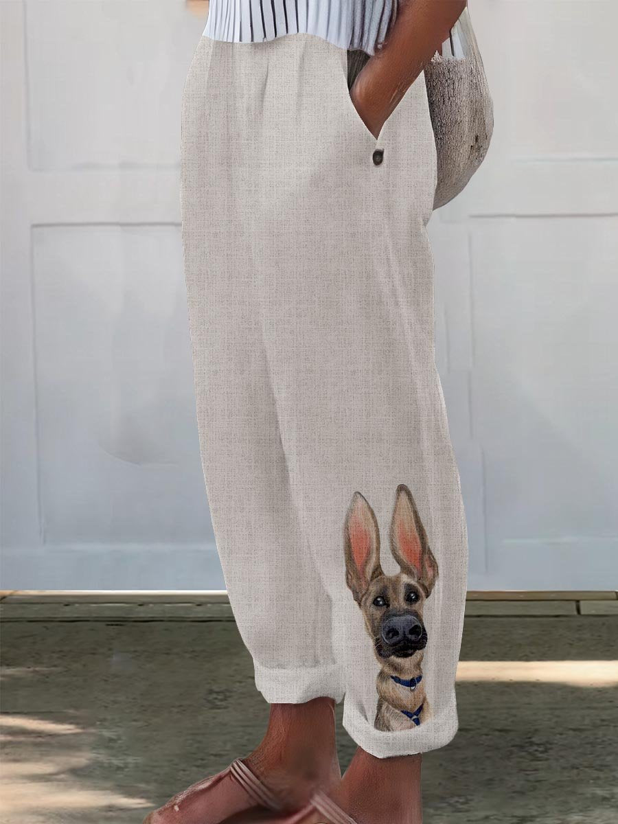 Women's Dog Art Pattern Printed Cotton And Linen Casual Pants