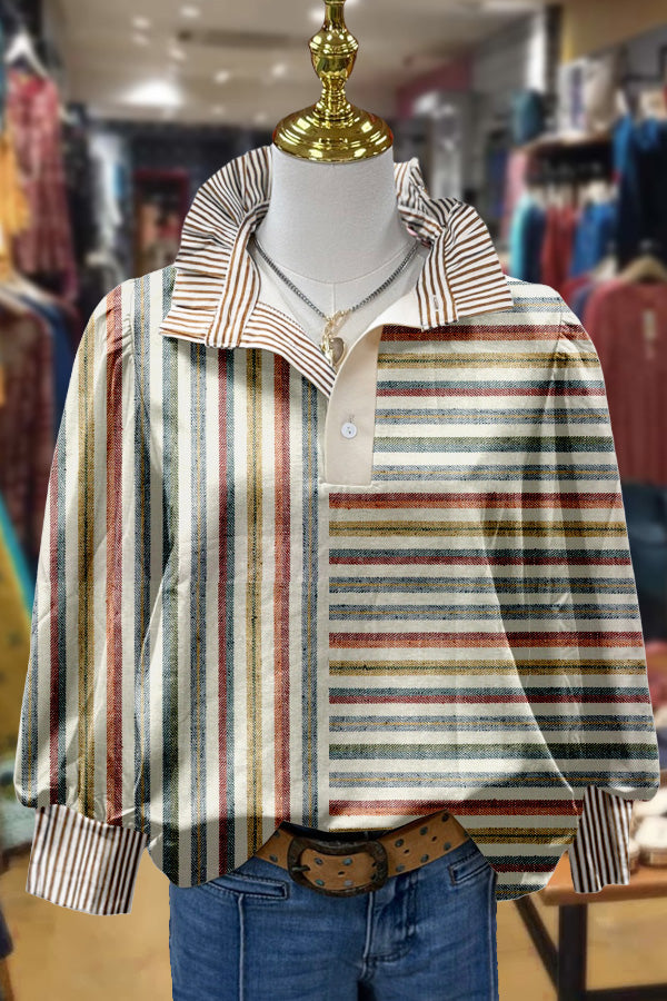 Mixed Stripe Print Collared Top