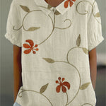 Women's Flower And Leaf Art Pattern Print Casual Cotton And Linen Shirt