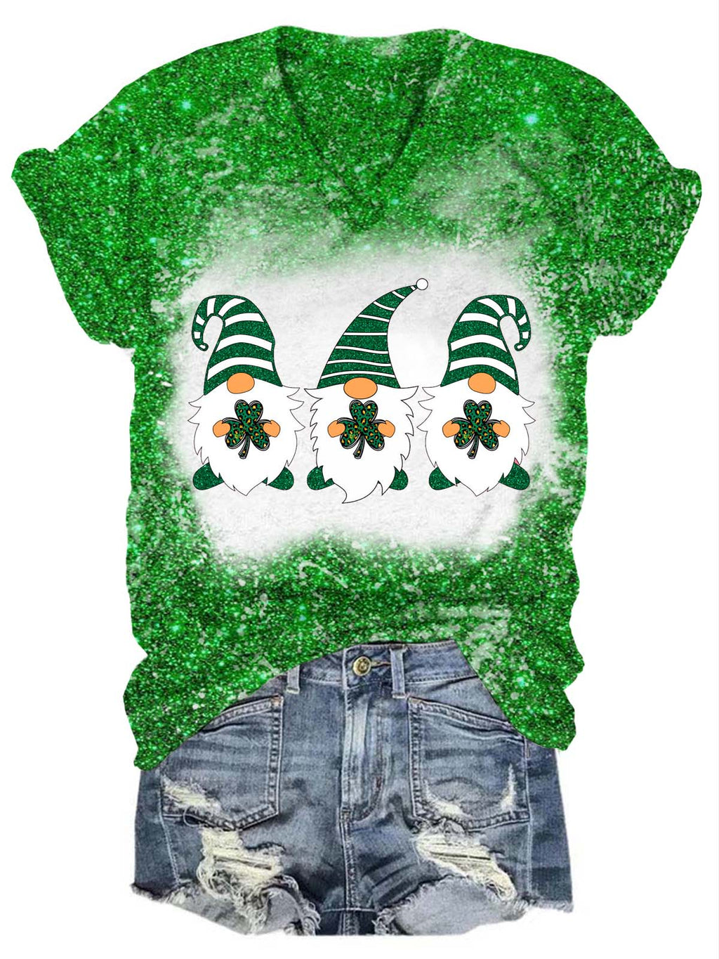 ST. PATRICKS DAY GLITTER GNOME V-NECK T-SHIRT