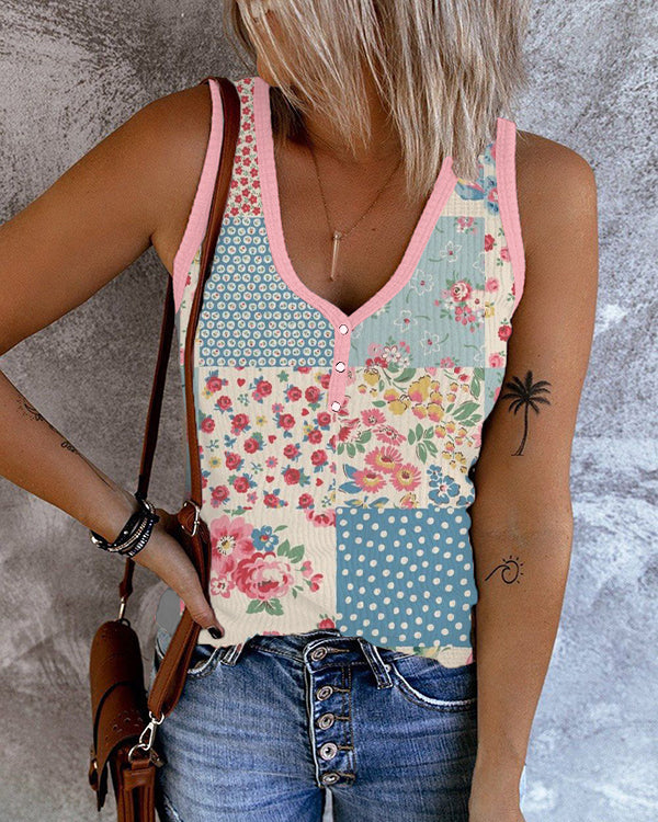 Vintage Floral Print Sleeveless Tank Top