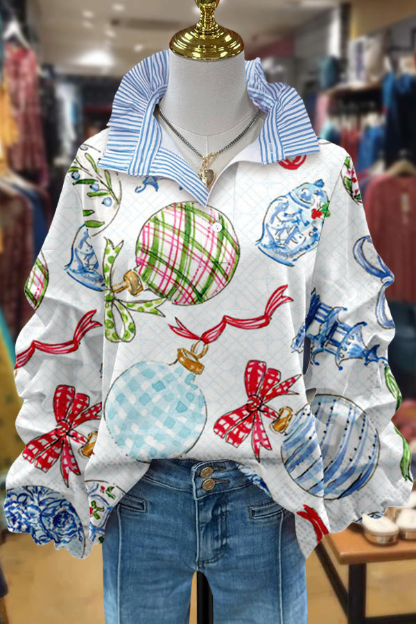 Christmas Ornaments Print Ruched Sleeve Top