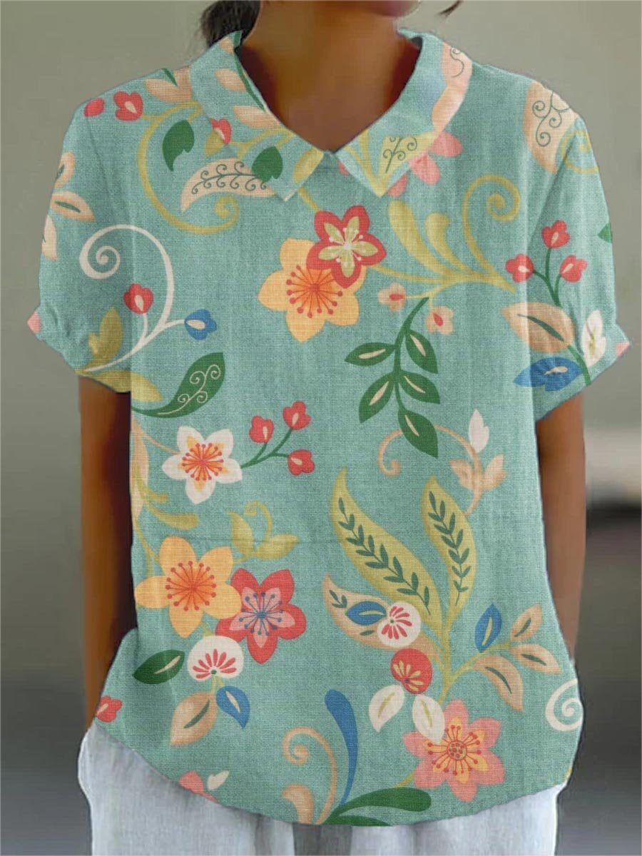 Women's Flowers And Leaves Casual Cotton And Linen Shirt