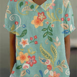 Women's Flowers And Leaves Casual Cotton And Linen Shirt