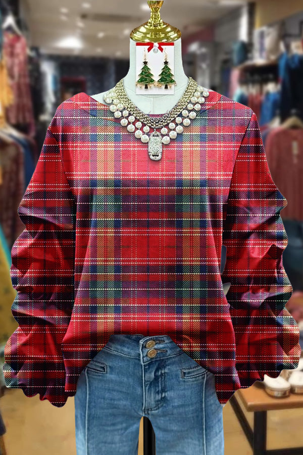 Christmas Plaid Ruched Sleeve Top