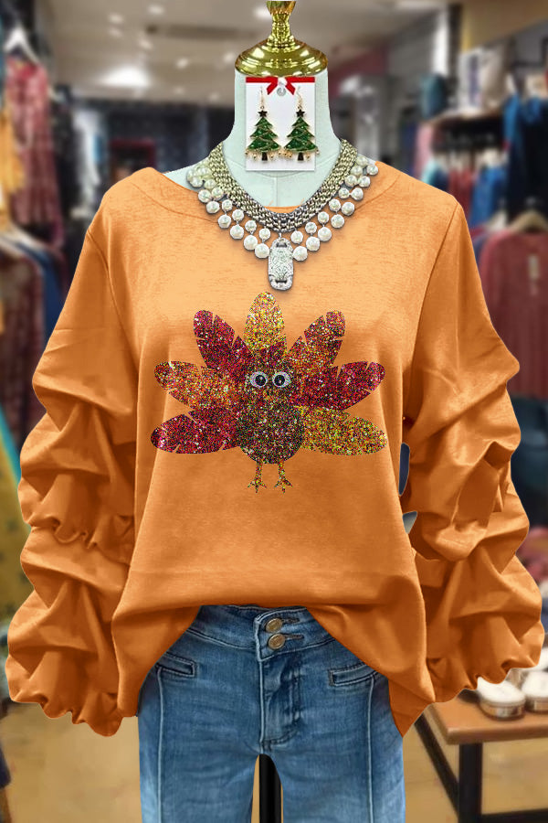 Thanksgiving Turkey Print Ruched Sleeve Top