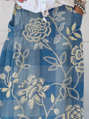 Women's Flowers And Leaves Art Pattern Print Linen Pocket Skirt