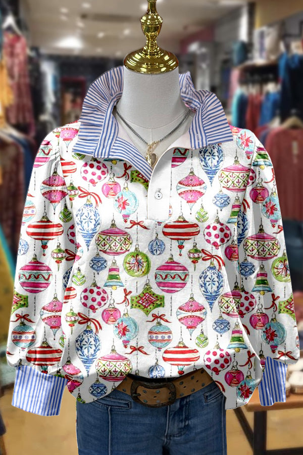 Colorful Christmas Ornaments Print Stiped Collar Top