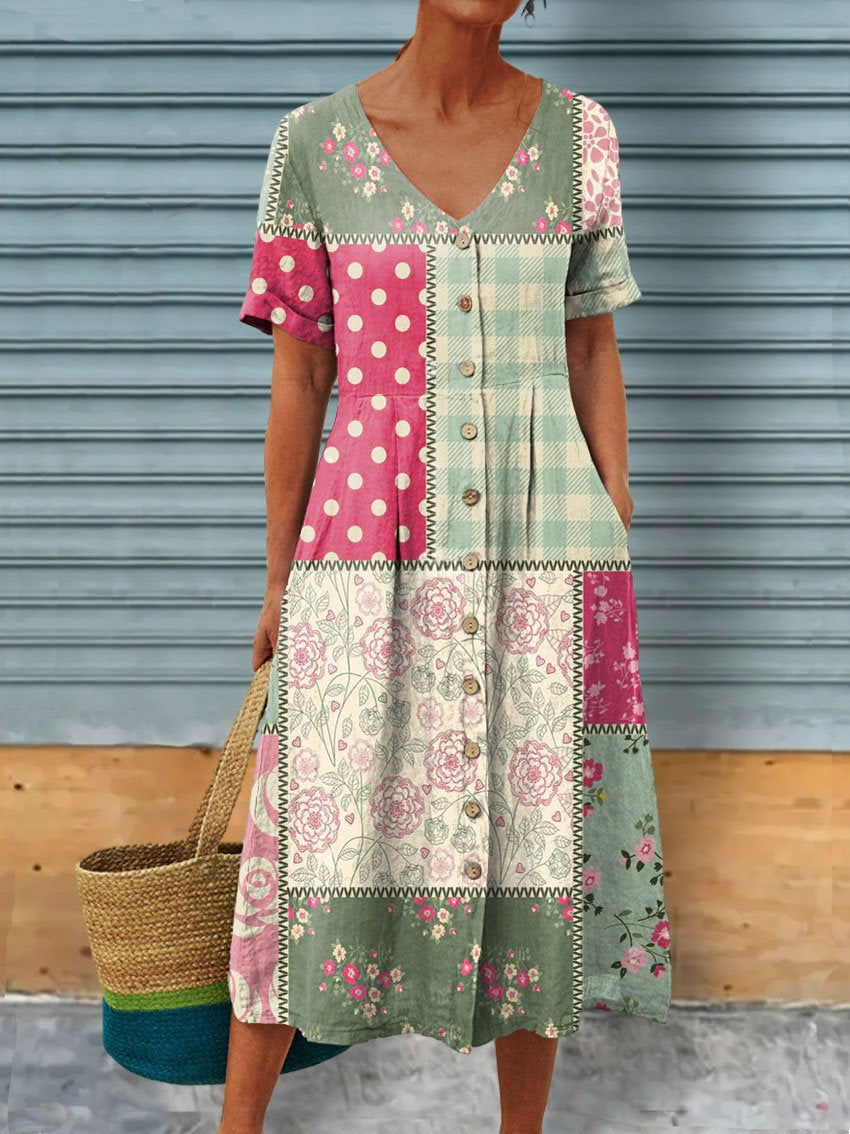 Women's Retro Floral Art Pattern Print Casual Linen Pocket Tunic Dress