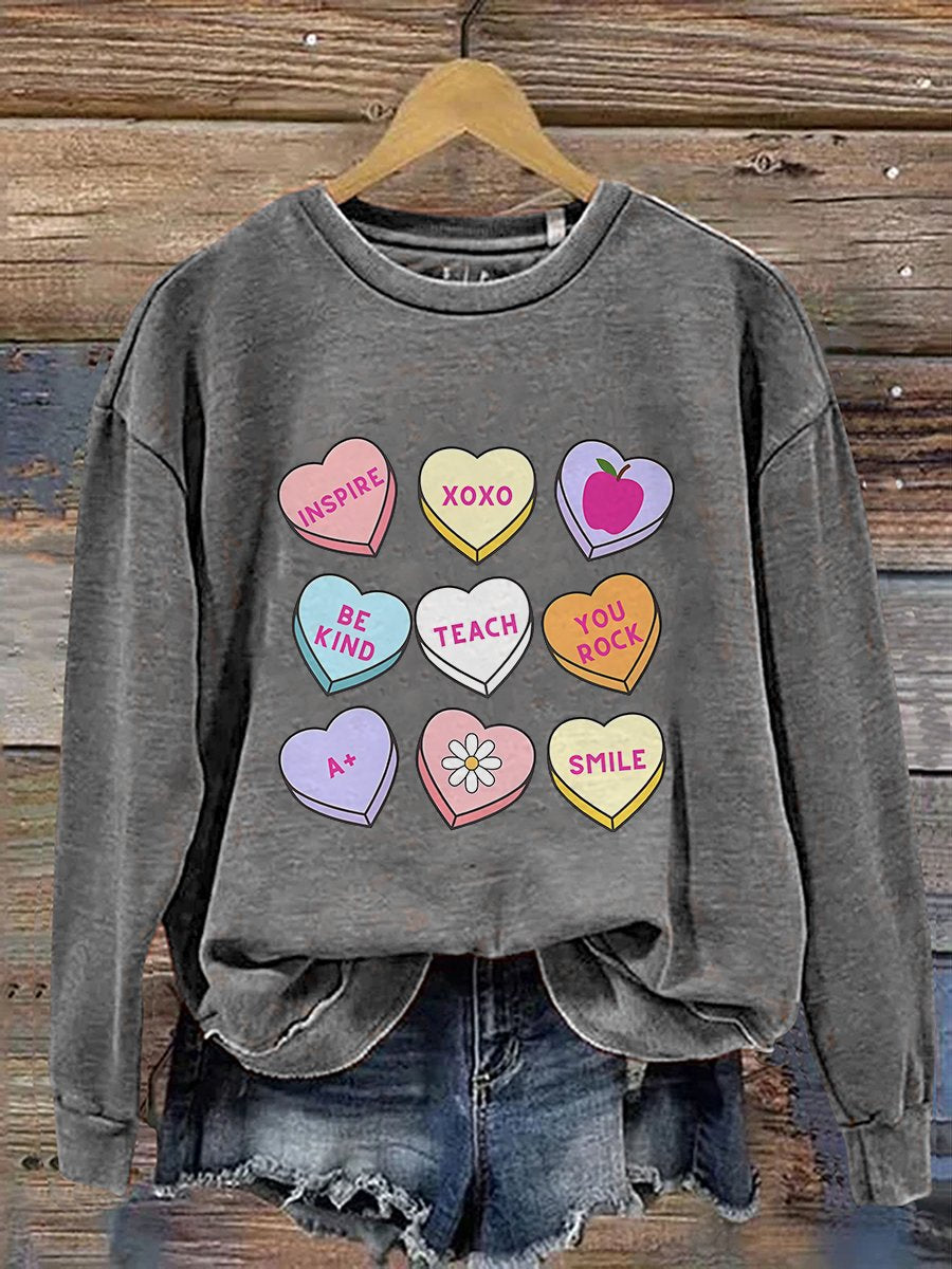 Teacher Conversation Hearts Valentine's Day Print Casual Sweatshirt