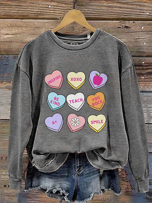 Teacher Conversation Hearts Valentine's Day Print Casual Sweatshirt