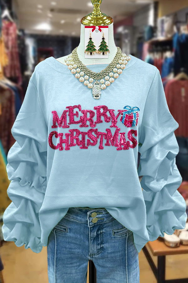 Sequin Merry Christmas Ruched Long Sleeve Top