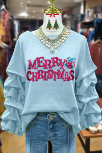 Sequin Merry Christmas Ruched Long Sleeve Top