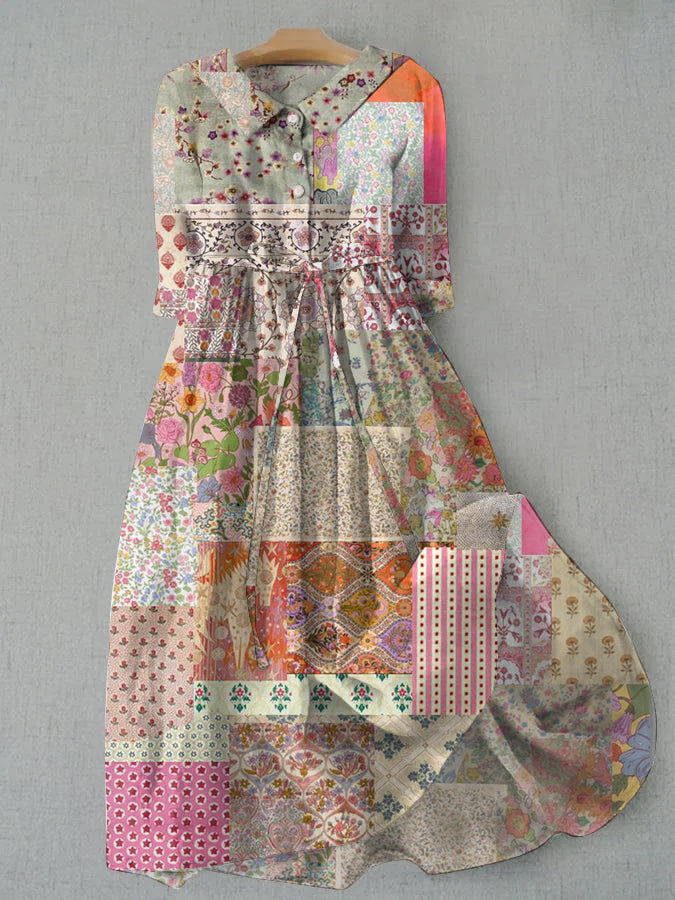 Bohemian Retro Resort Style Floral Art Print Tie Dress