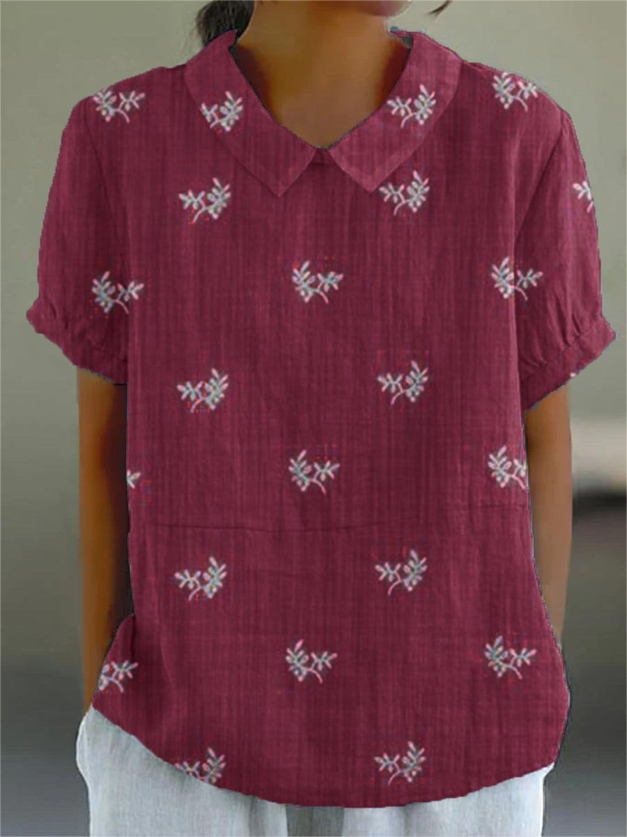 Women's Flowers And Leaves Casual Cotton And Linen Shirt