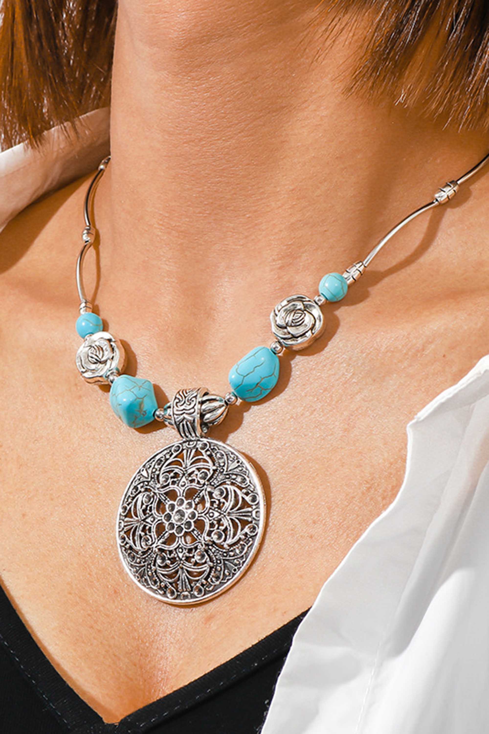 Vintage Hollow Carved Turquoise Pendant