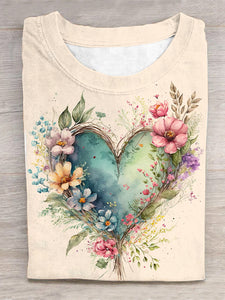 Retro Valentine's Day Floral Heart Print Short Sleeve T-Shirt