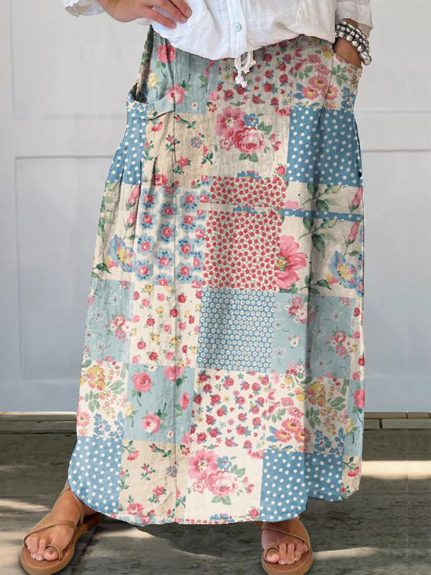 Women's Retro Floral Print Pocket Skirt