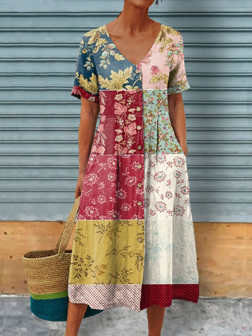 Women's Vintage Elegant Patchwork Floral Art Pattern Print Casual Linen Pocket Tunic Dress