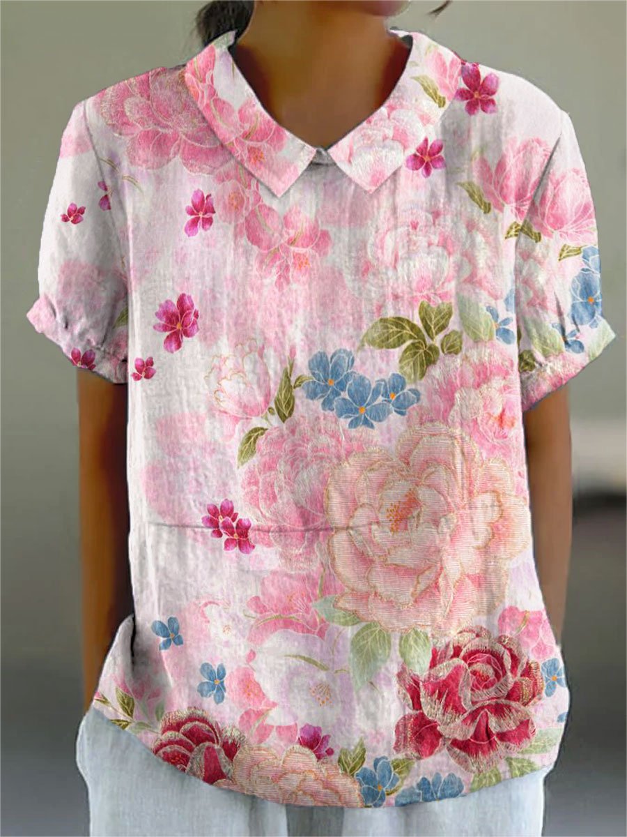 Women's Vintage Flower Print Casual Cotton And Linen Shirt