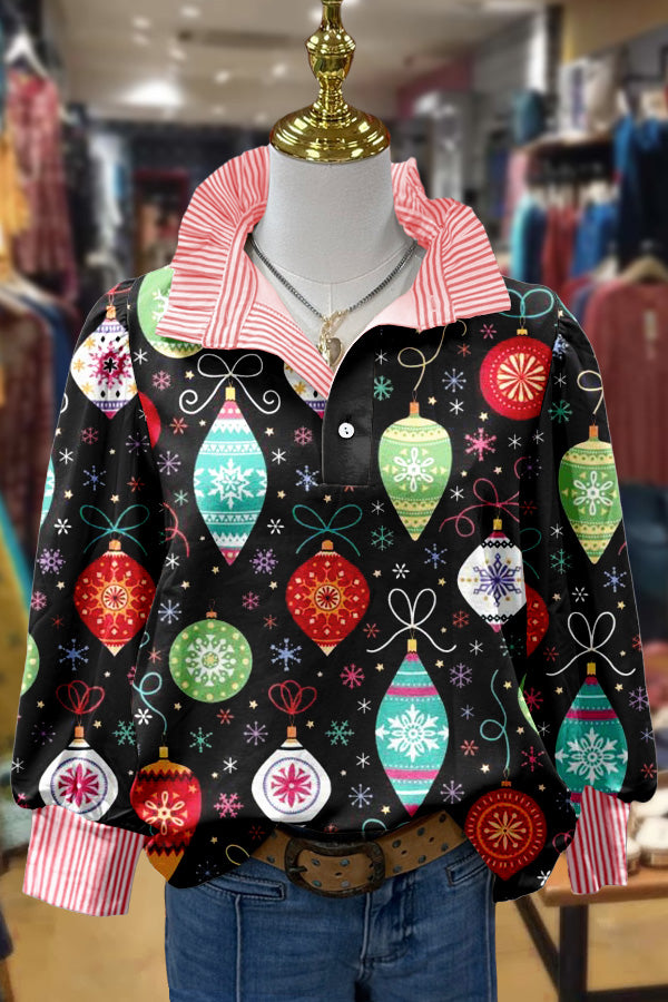 Colorful Christmas Ornaments Print Striped Top