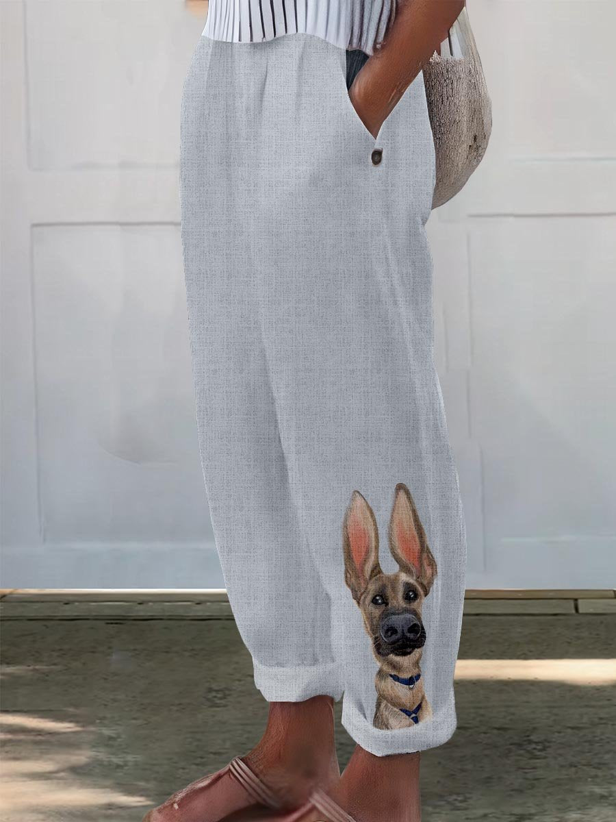 Women's Dog Art Pattern Printed Cotton And Linen Casual Pants