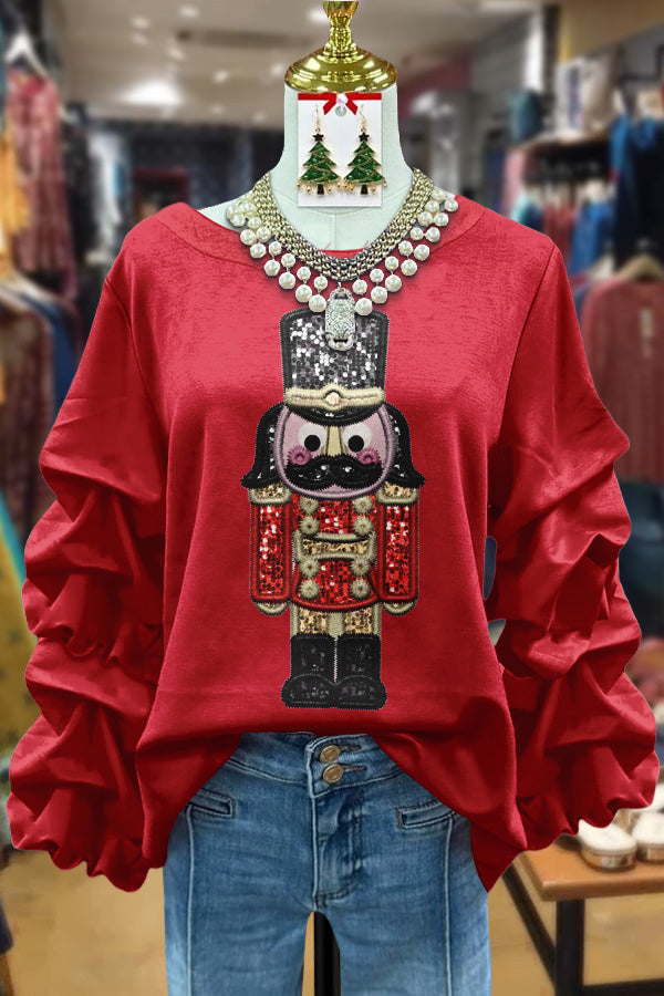 Sequin Nutcracker Ruched Sleeve Top