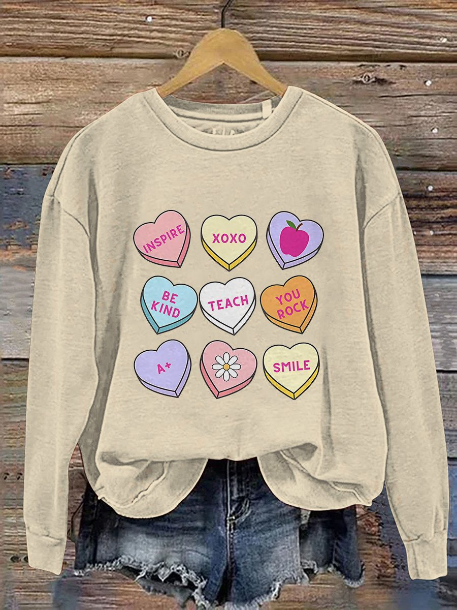 Teacher Conversation Hearts Valentine's Day Print Casual Sweatshirt