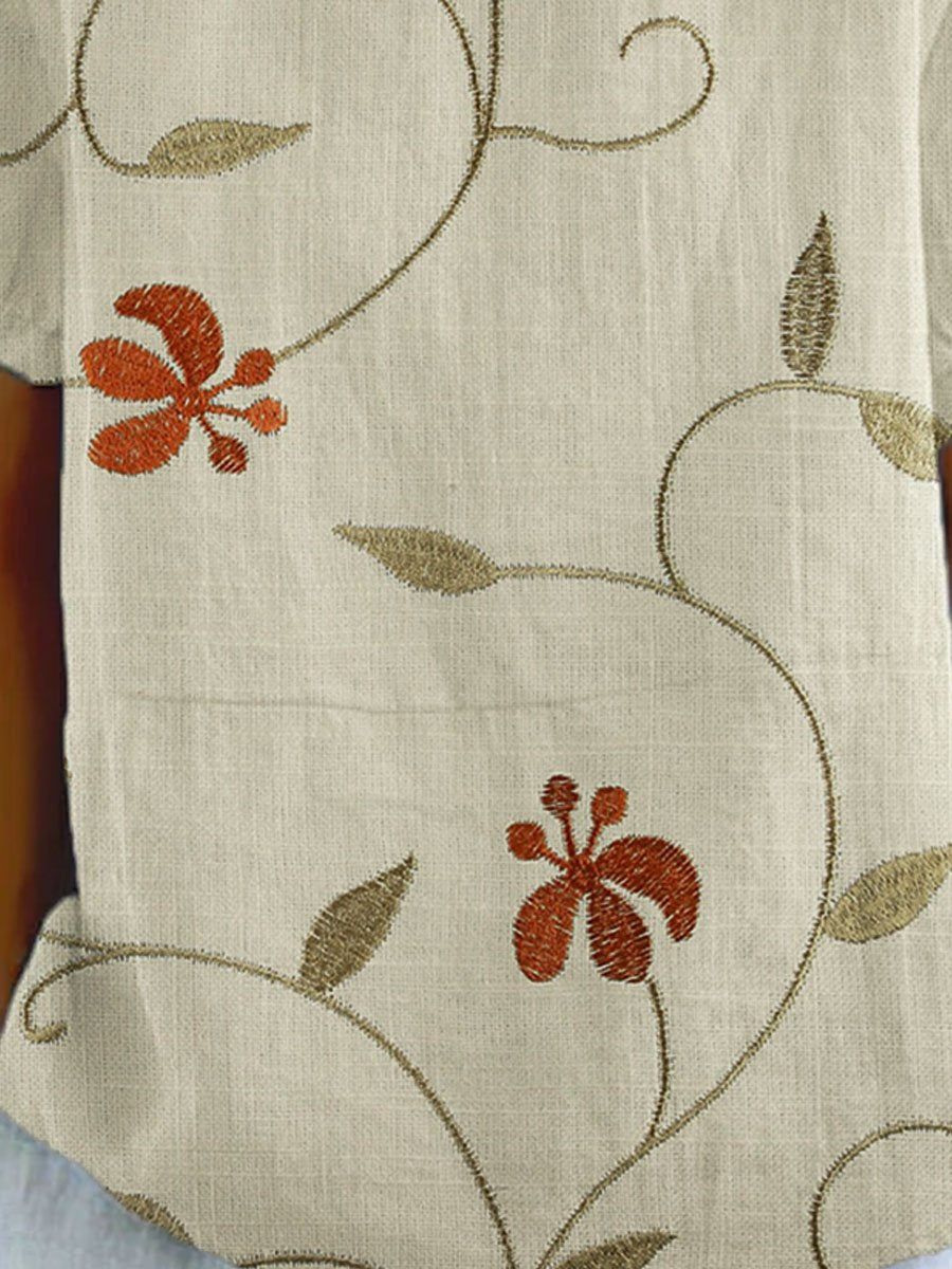 Women's Flower And Leaf Art Pattern Print Casual Cotton And Linen Shirt