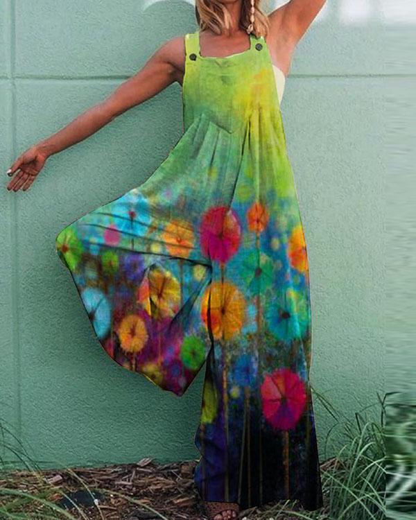 Retro Print Casual Loose Jumpsuit