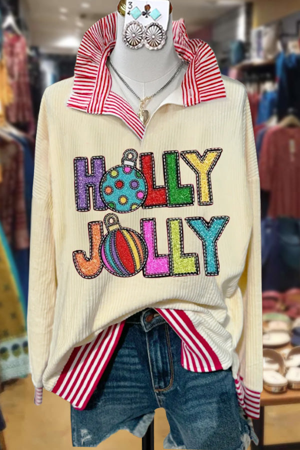 Holly Jolly Print Striped Collar Corduroy Top