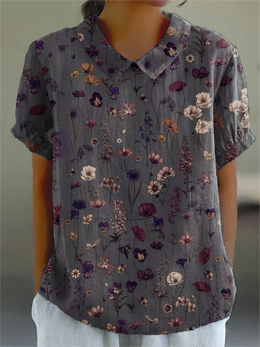 Women's   Flower Art Print Casual Cotton And Linen Shirt