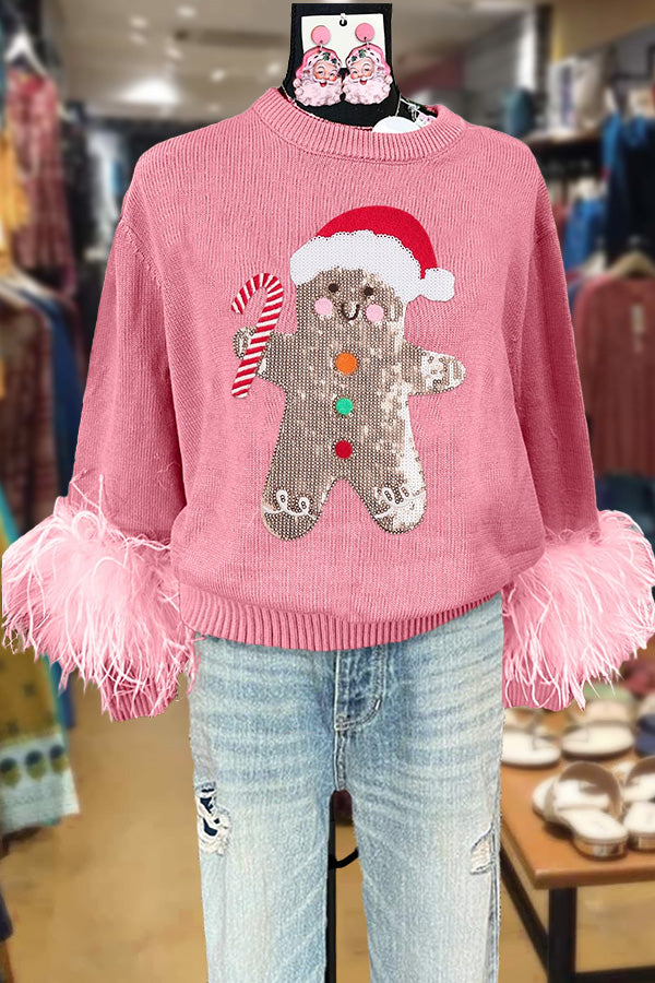 Sequin Gingerbread Man Feather Long Sleeve Sweater
