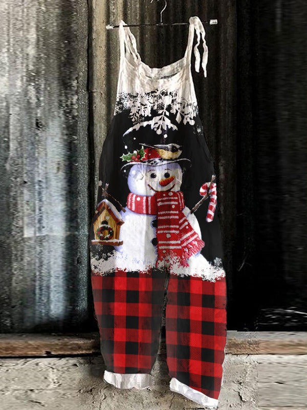 Ladies Christmas Snowman Print Casual Jumpsuit